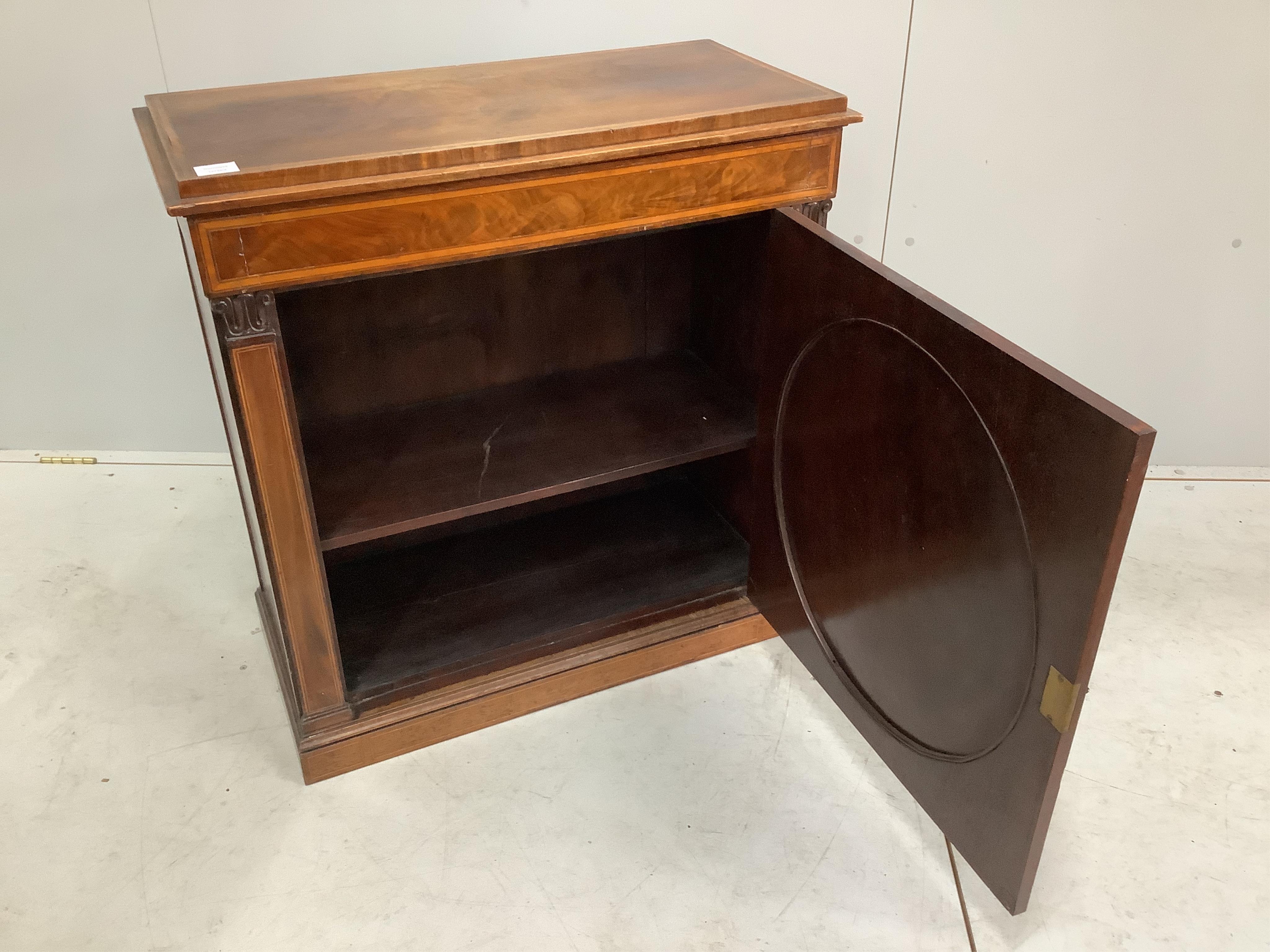 An Edwardian satinwood banded and marquetry inlaid mahogany side cabinet, adapted, width 81cm, depth 39cm, height 83cm